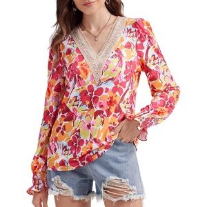 Anyfitting blouse top floral Crochet neck trim Size M Boho Romantic cottagecore